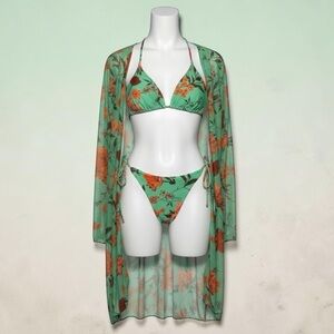 Floral Green & Orange Bikini Set with Sheer Cover-Up